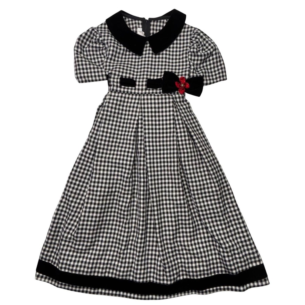 Vintage‎ Bonnie Jean Black White Gingham Dress Velvet Collar Bow Girls Size 7